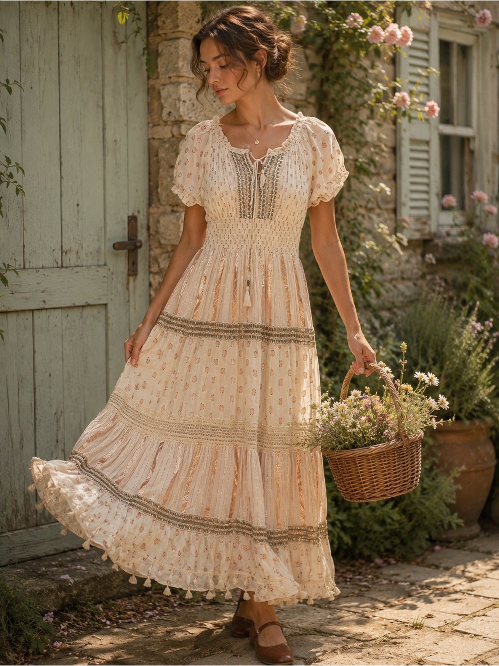 Anthropologie Me 2 Magic Creme Rose Gold Polka Dot Striped Tiered Maxi Dress